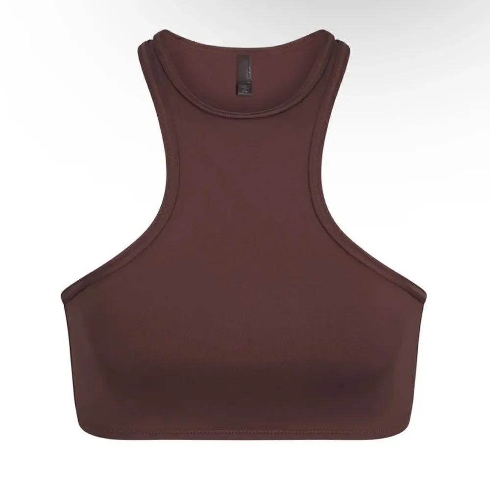SKIMS NWT Recycled Swim High Neck RacerBack Swim Top In Cocoa Brown Swim Bikini